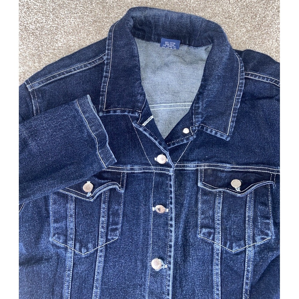 VTG Navi Made In USA Jean Jacket Women 2XL Blue Denim Preppy Long Sleeve Pockets